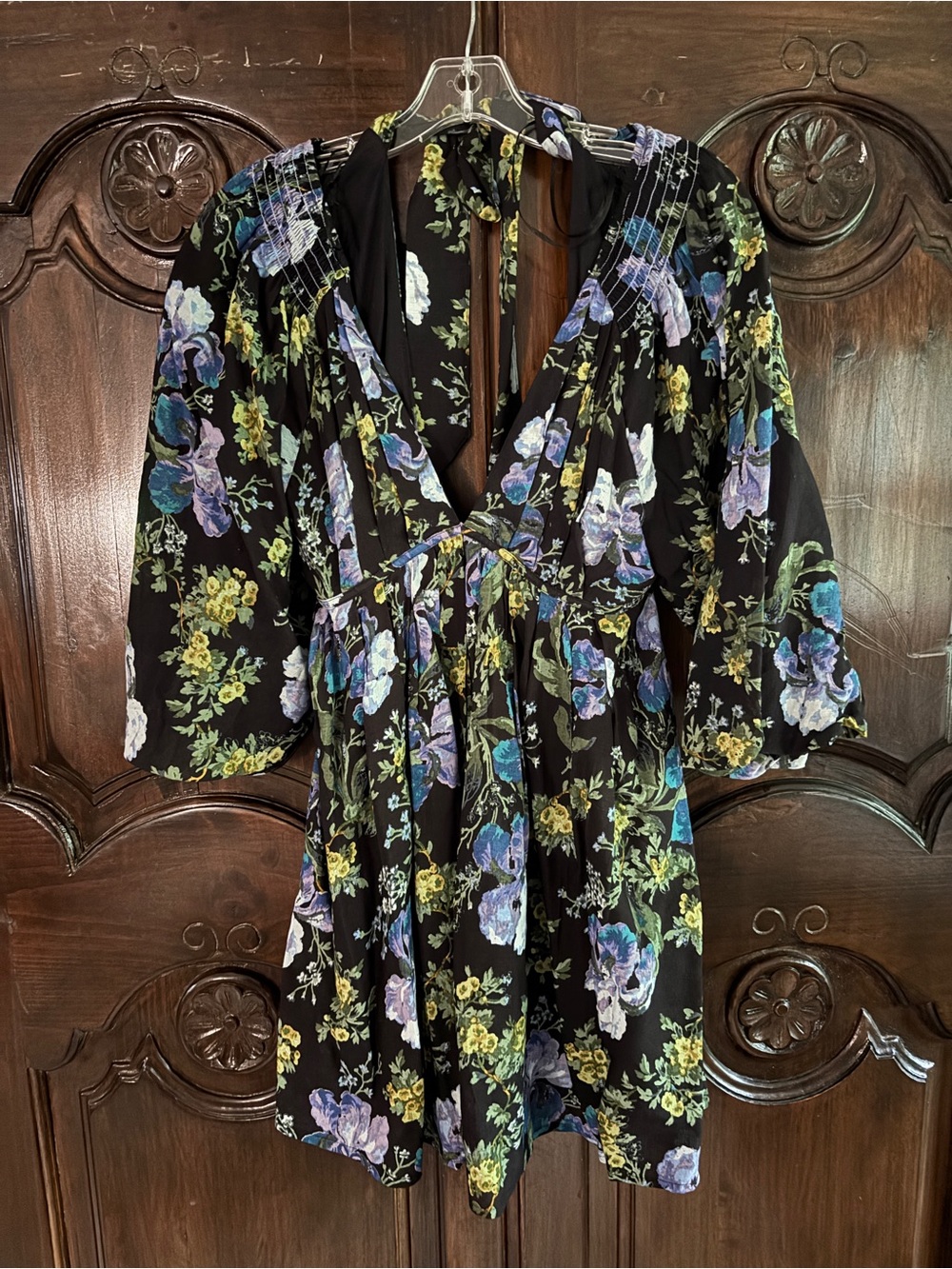 Free People Black Floral V-Neck Mini Dress or Shirt in Blue, Lavender & Green